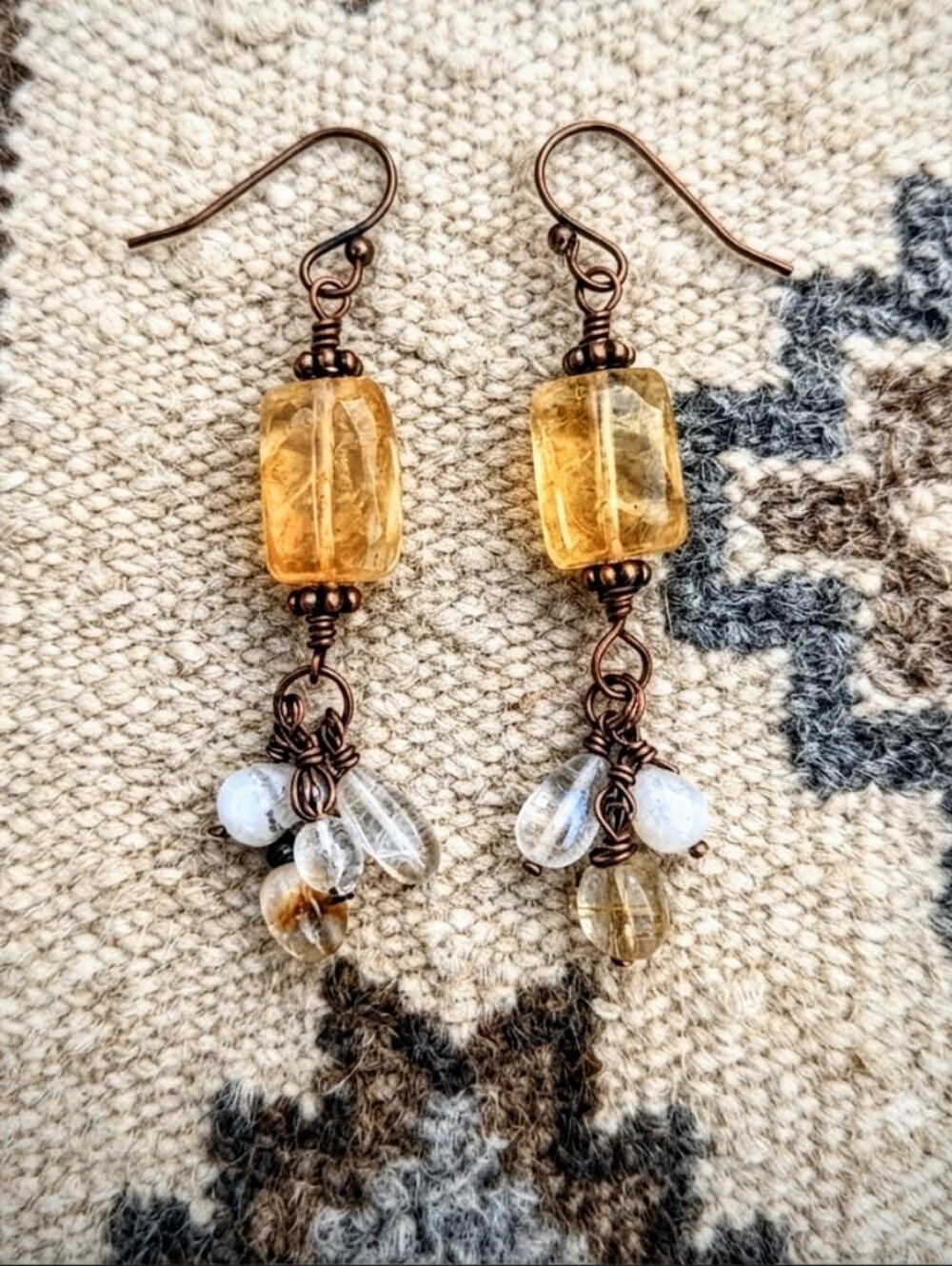 Ancient Incan Designed Natural Tassled Citrine In Antique Copper Earrings